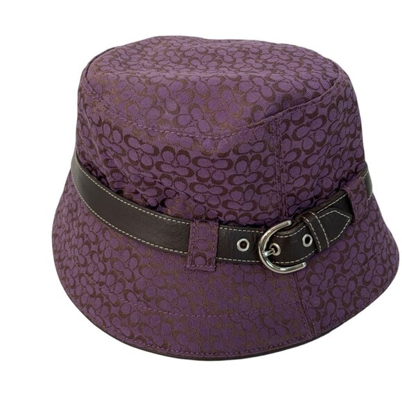 Coach Women's Purple Logo Pattern Bucket Hat Leather  Buckle Trim Small 7304 - Picture 1 of 8